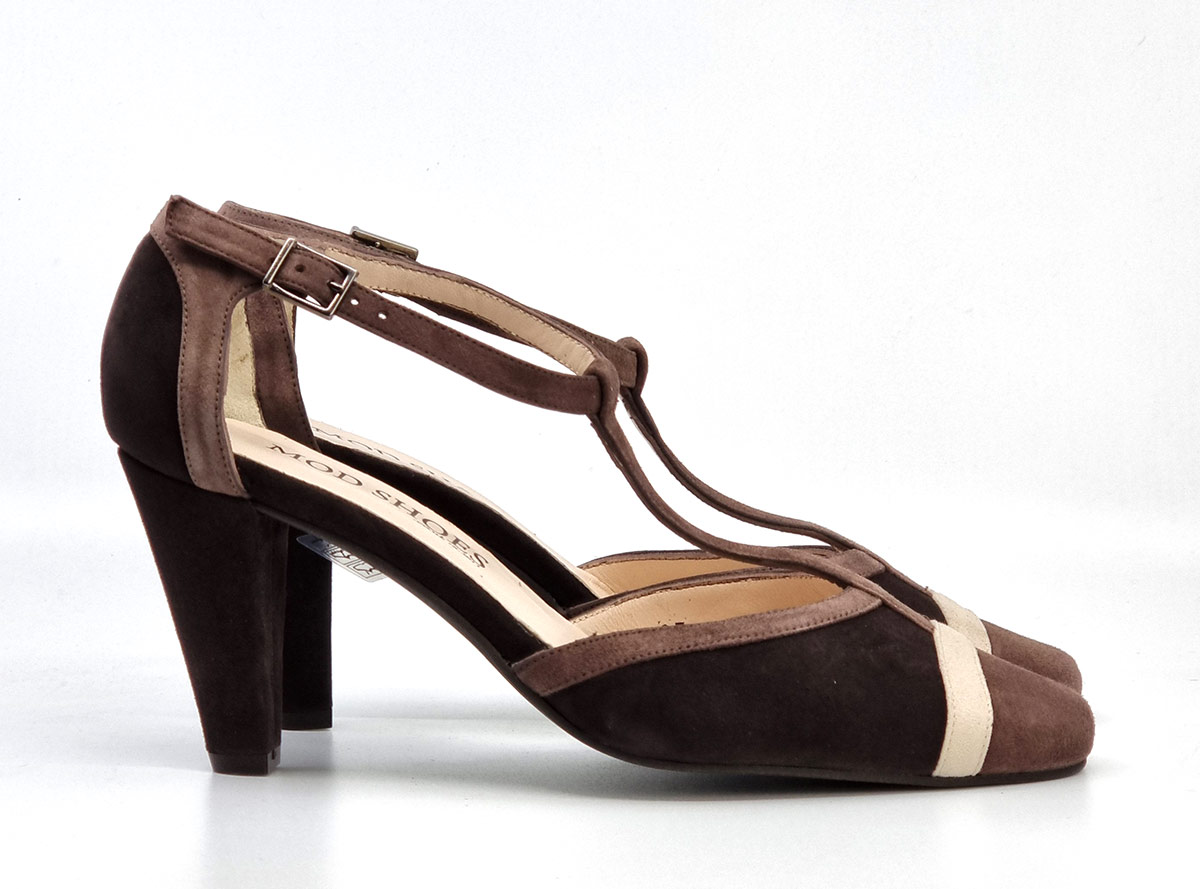 The “Lizzie” in Chocolat Chic Suede – Ladies T-Bar Shoe – Mod Shoes