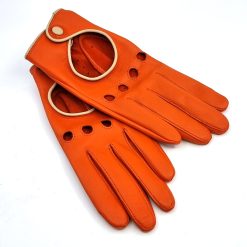 Isabella Coordinated Collection Ladies Leather Driving Gloves - Orange with Cream Contrast - Vintage Retro Style