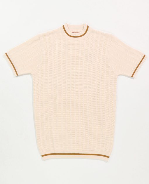 The Carl V2 - Buttercream & Pecan Textured Stripe Crew Neck by 66 Clothing