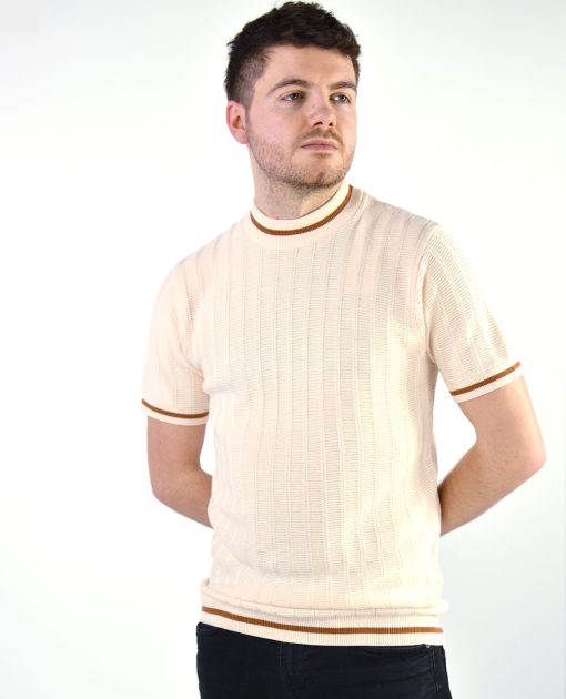 The Carl V2 - Buttercream & Pecan Textured Stripe Crew Neck by 66 Clothing