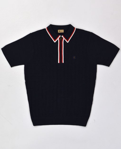 Gabicci Vintage - Garner Zip Short Sleeve Navy - Knitted Polo - 50th Anniversary Special