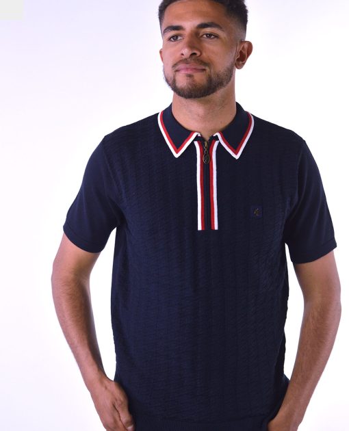 Gabicci Vintage - Garner Zip Short Sleeve Navy - Knitted Polo - 50th Anniversary Special