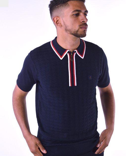 Gabicci Vintage - Garner Zip Short Sleeve Navy - Knitted Polo - 50th Anniversary Special