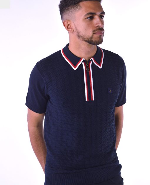 Gabicci Vintage - Garner Zip Short Sleeve Navy - Knitted Polo - 50th Anniversary Special