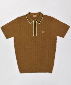 Gabicci Vintage - Garner Zip Short Sleeve Camel - Knitted Polo - 50th Anniversary Special
