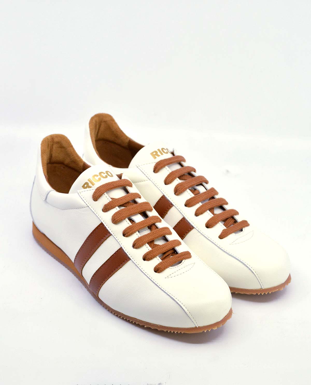 The “Ricco” In Cream & Pecan Stripe – Old School Trainers – Mod Shoes