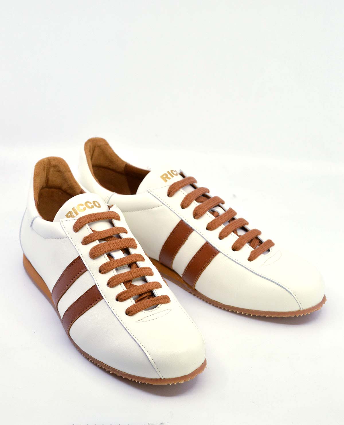 The “Ricco” In Cream & Pecan Stripe – Old School Trainers – Mod Shoes