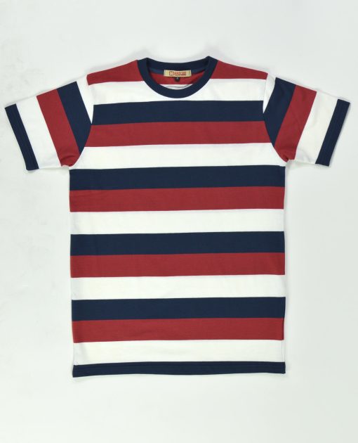 'On Campus' T-Shirt - Maroon Navy & White Stripe Surf Inspired By 66 Clothing Made In UK