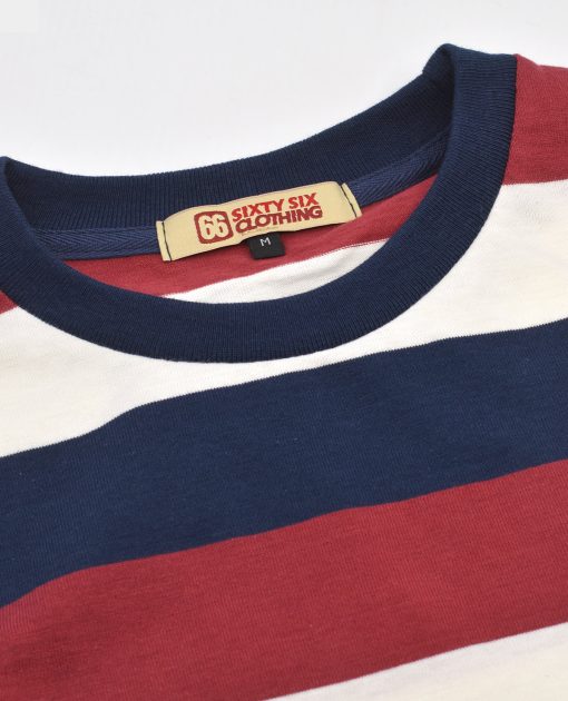 'On Campus' T-Shirt - Maroon Navy & White Stripe Surf Inspired By 66 Clothing Made In UK