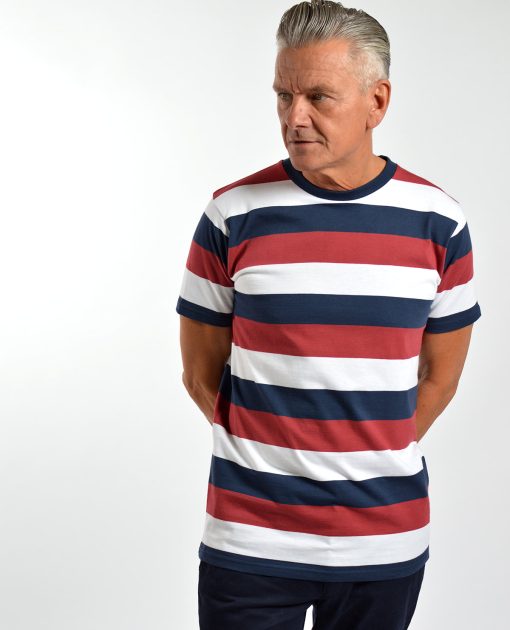'On Campus' T-Shirt - Maroon Navy & White Stripe Surf Inspired By 66 Clothing Made In UK