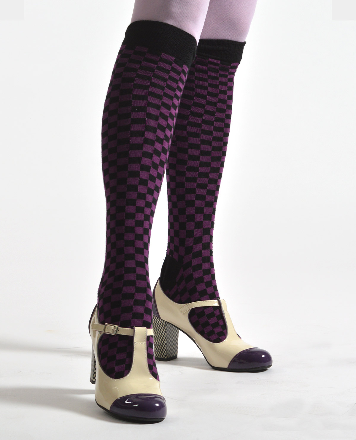 Black Purple Square Knee High Socks- ladies vintage retro 60s