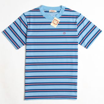 The Downing 2 Shades Of Blue & Dark Red - 60s Surf Inspired Stripe 300g T-shirt By 66 Clothing