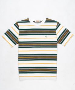 The Downing White with Green Grey Black Burnt Yellow Highlights - 60s Surf Inspired Stripe 300g T-shirt By 66 Clothing