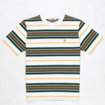 The Downing White with Green Grey Black Burnt Yellow Highlights - 60s Surf Inspired Stripe 300g T-shirt By 66 Clothing